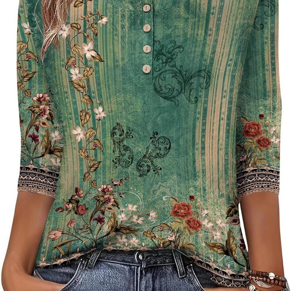 Brand New Women’s 3/4 Sleeve Crew Neck Blouses - Green, XX-Large